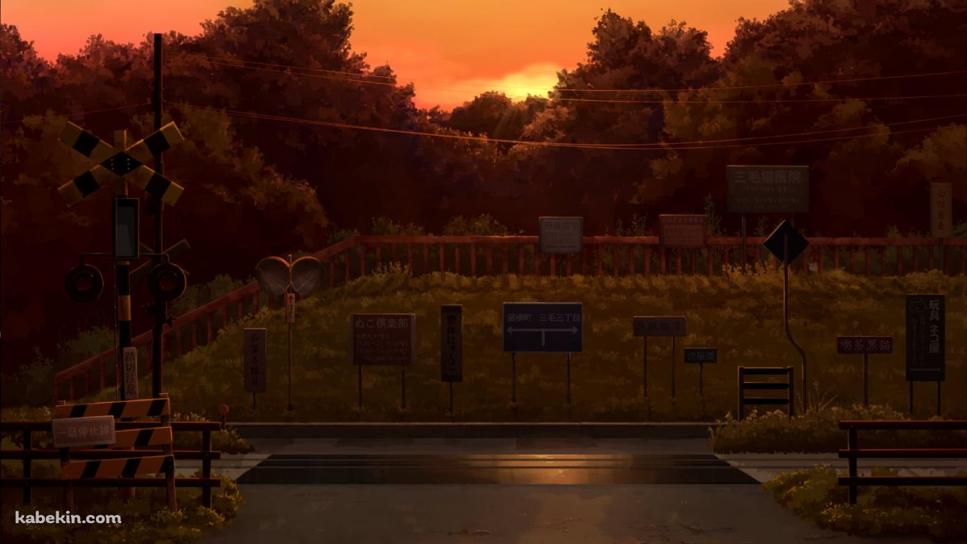 夕暮れ時の踏切と線路と電線の壁紙(1391px x 783px) 高画質 PC・デスクトップ用