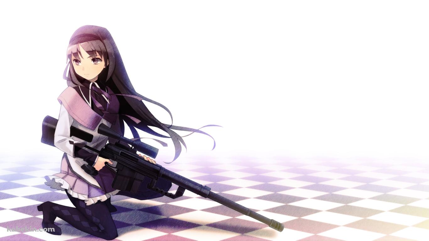 長い銃を持ちかまえる暁美ほむら / 魔法少女まどか☆マギカの壁紙(1366px x 768px) 高画質 PC・デスクトップ用