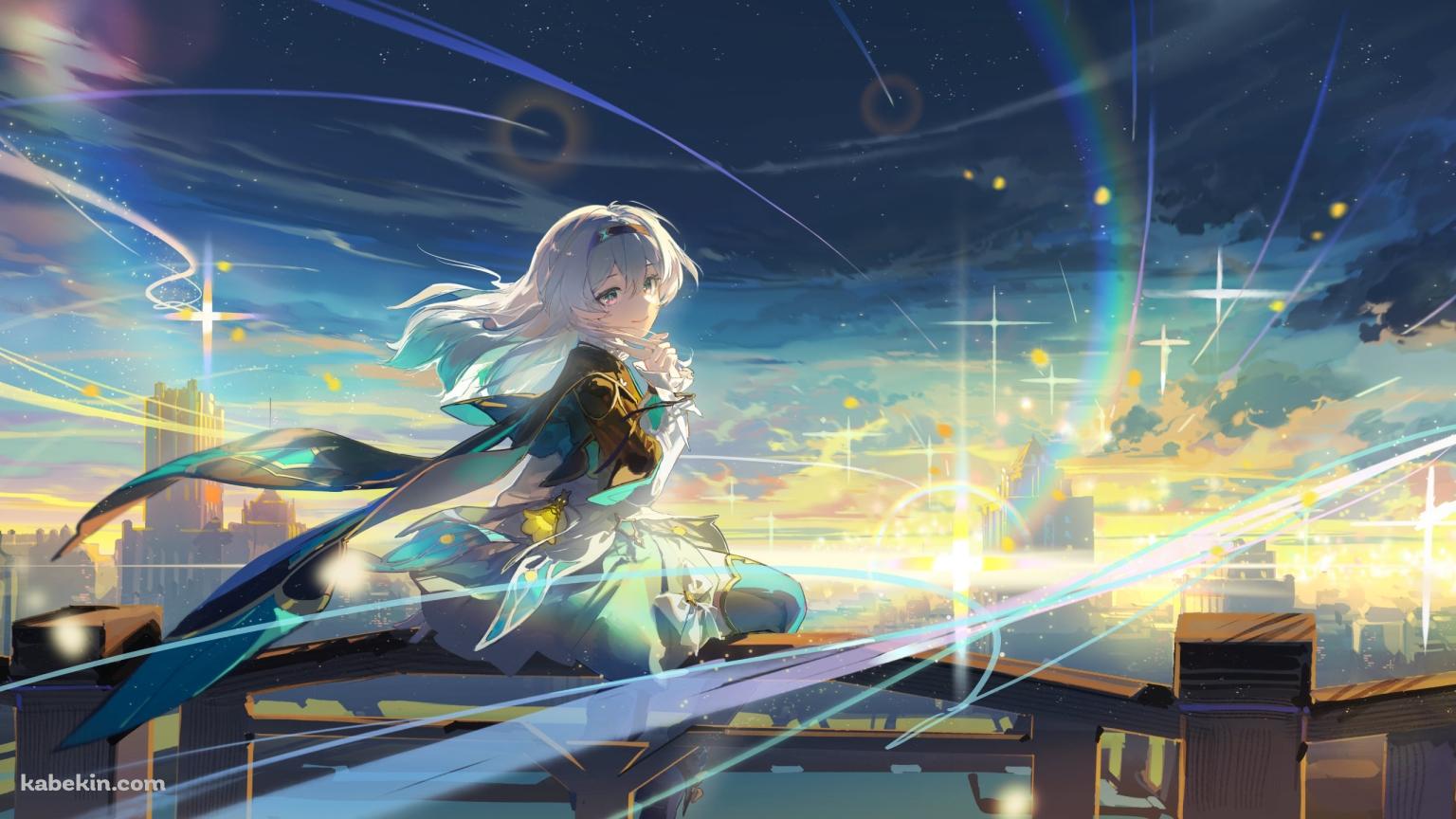 風が舞う柵に座り振り返る可愛いホタル / 崩壊:スターレイルの壁紙(1536px x 864px) 高画質 PC・デスクトップ用