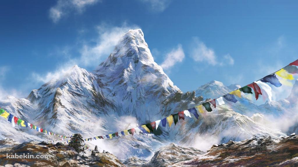 雪山とカラフルな三角旗・連続旗・フラッグの壁紙(1024px x 576px) 高画質 PC・デスクトップ用