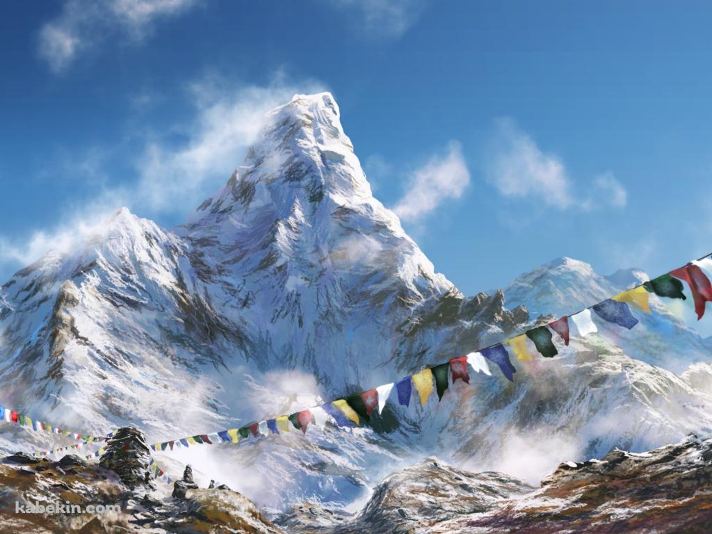 雪山とカラフルな三角旗・連続旗・フラッグの壁紙(1024px x 768px) 高画質 PC・デスクトップ用