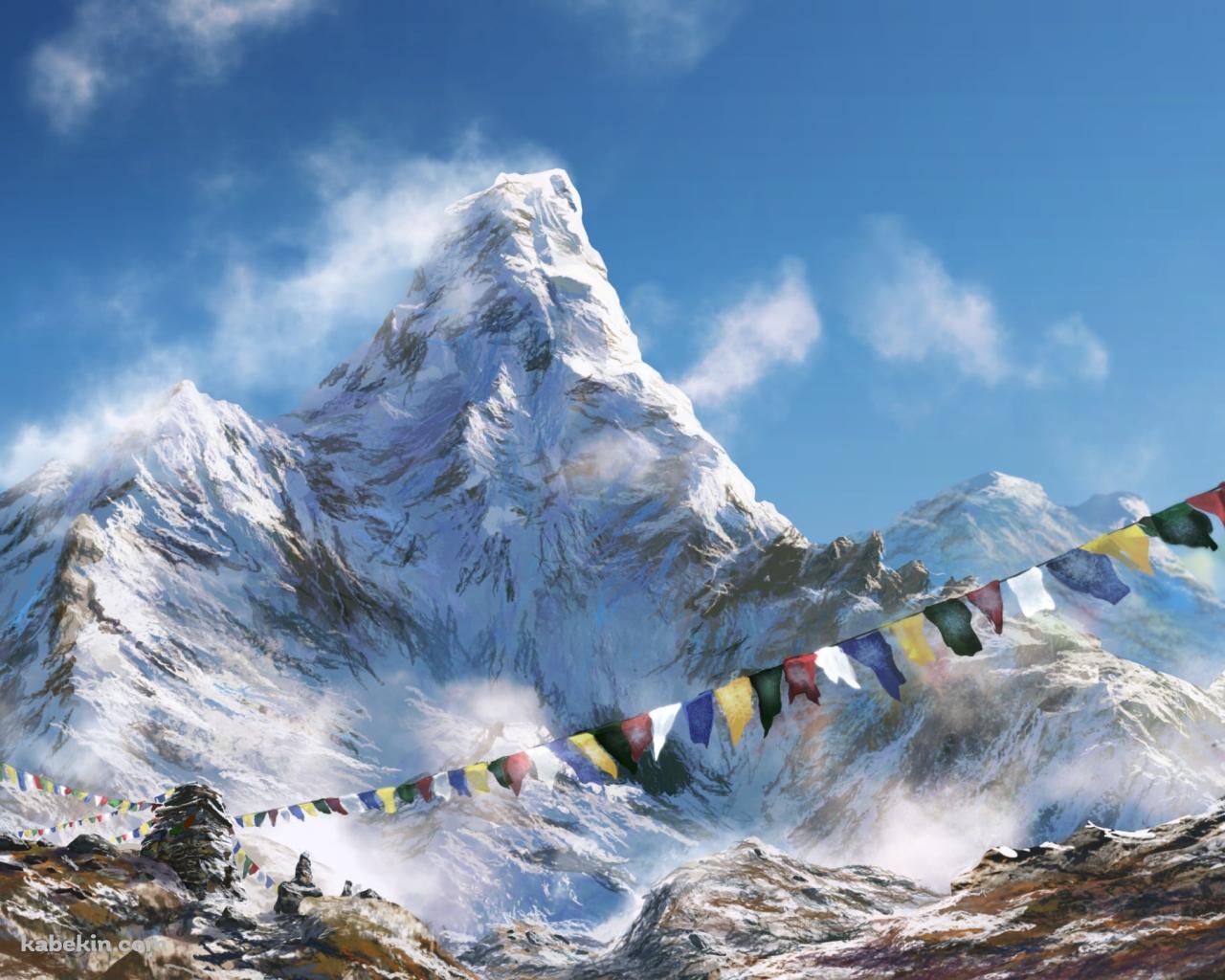 雪山とカラフルな三角旗・連続旗・フラッグの壁紙(1280px x 1024px) 高画質 PC・デスクトップ用