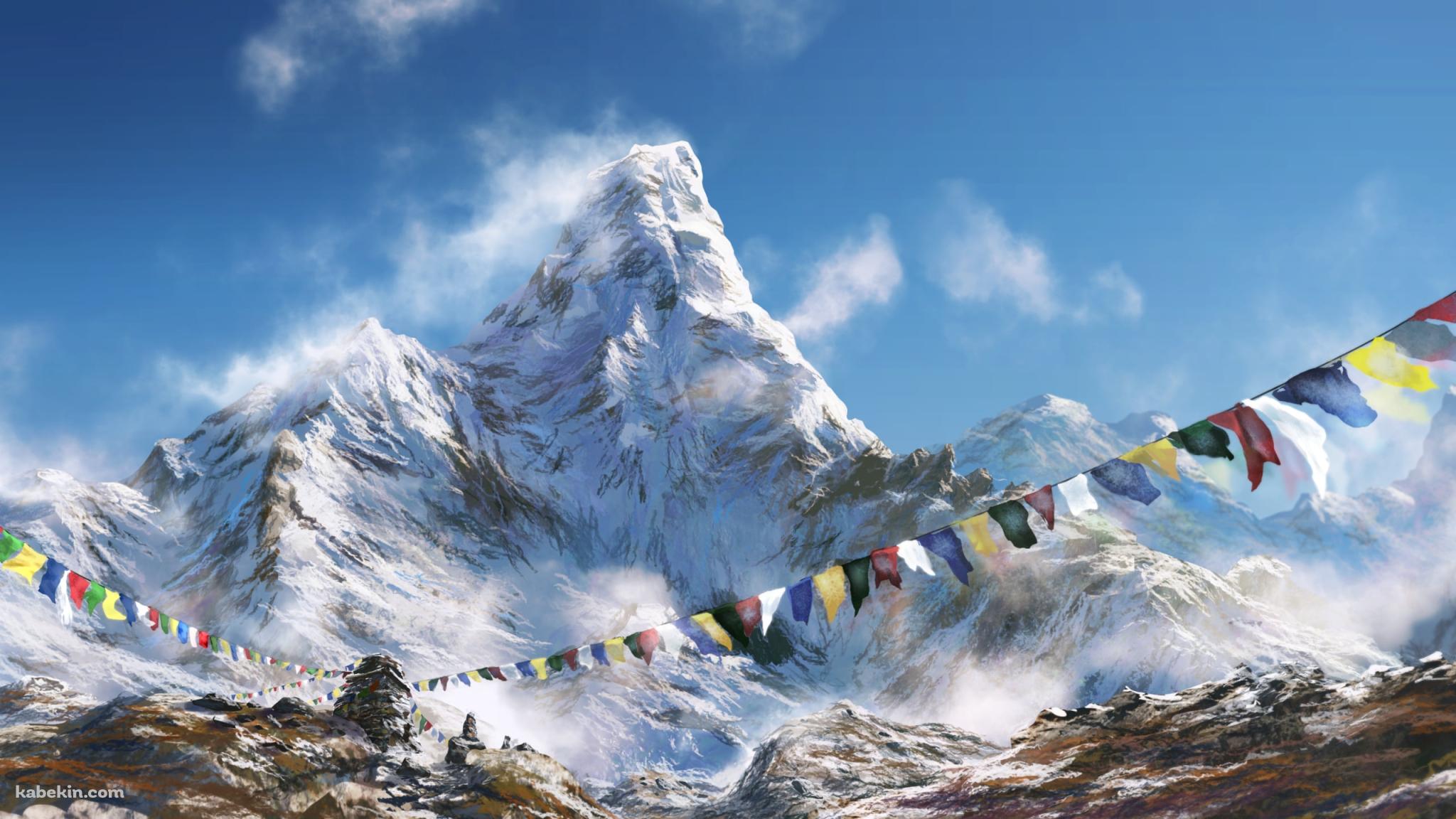 雪山とカラフルな三角旗・連続旗・フラッグの壁紙(2048px x 1152px) 高画質 PC・デスクトップ用