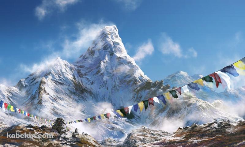 雪山とカラフルな三角旗・連続旗・フラッグの壁紙(800px x 480px) 高画質 PC・デスクトップ用