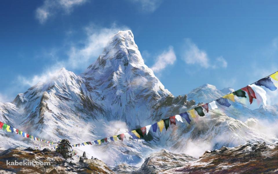 雪山とカラフルな三角旗・連続旗・フラッグの壁紙(960px x 600px) 高画質 PC・デスクトップ用