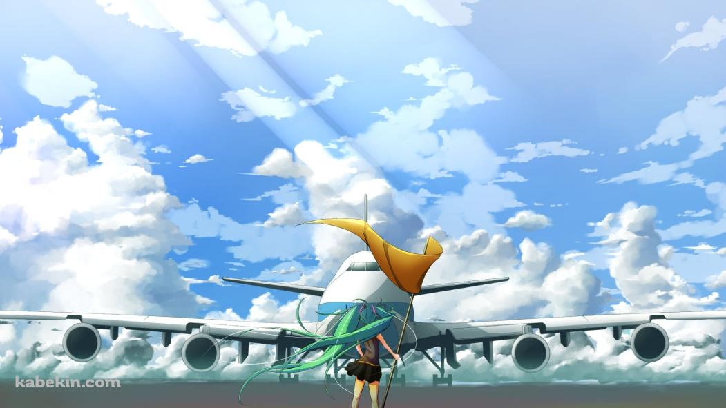 飛行機の前に立つ黄色い旗を持った初音ミク / ボーカロイドの壁紙(1051px x 591px) 高画質 PC・デスクトップ用
