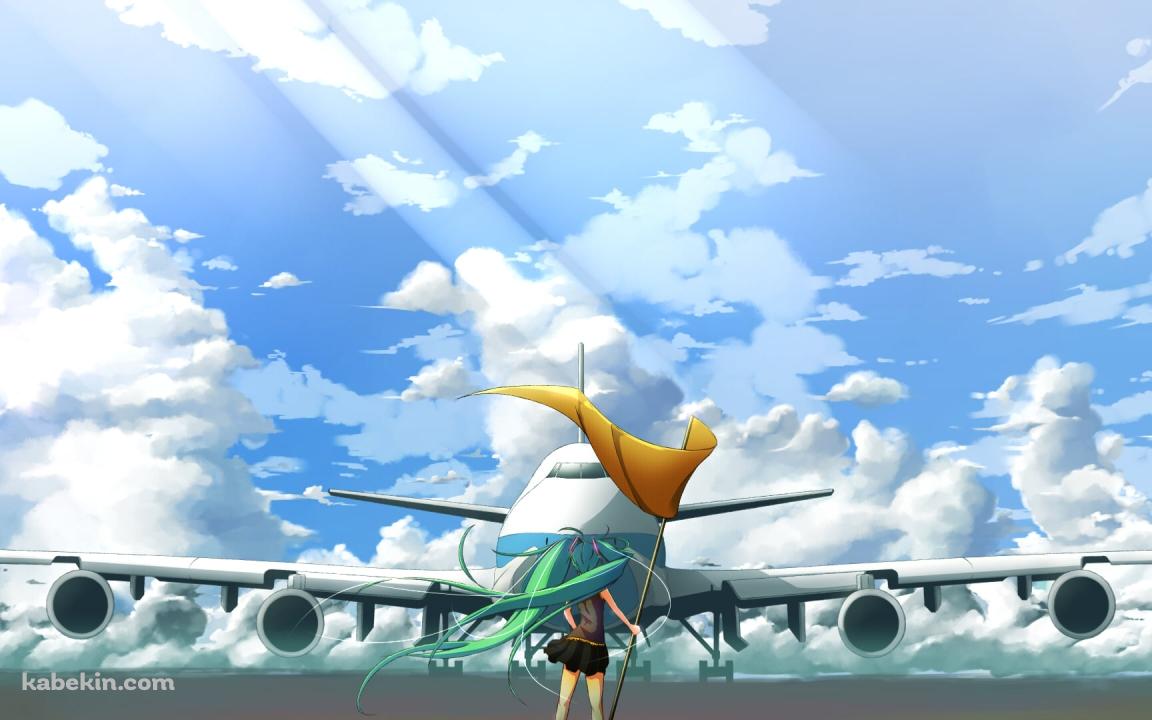 飛行機の前に立つ黄色い旗を持った初音ミク / ボーカロイドの壁紙(1152px x 720px) 高画質 PC・デスクトップ用