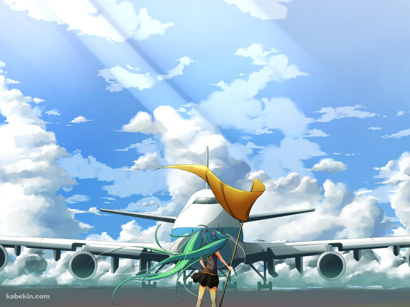 飛行機の前に立つ黄色い旗を持った初音ミク / ボーカロイドの壁紙(1440px x 1080px) 高画質 PC・デスクトップ用