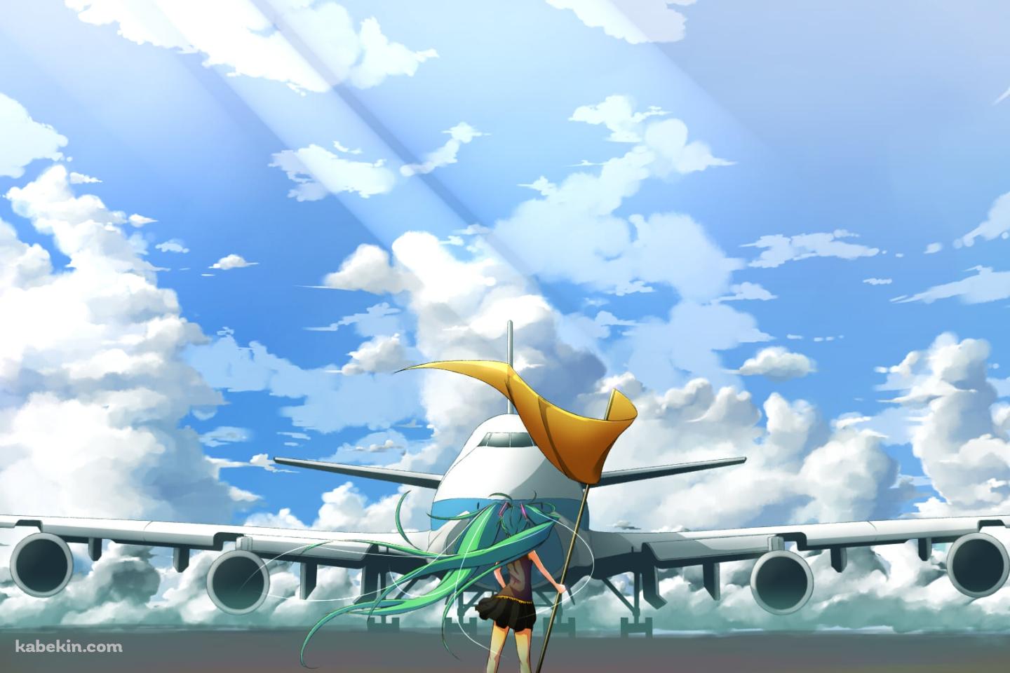 飛行機の前に立つ黄色い旗を持った初音ミク / ボーカロイドの壁紙(1440px x 960px) 高画質 PC・デスクトップ用