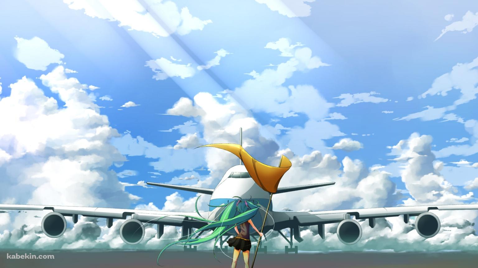 飛行機の前に立つ黄色い旗を持った初音ミク / ボーカロイドの壁紙(1536px x 864px) 高画質 PC・デスクトップ用