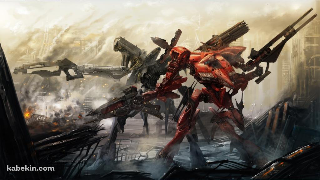 並んで武器をかまえるかっこいい黒・赤いロボット / アーマードコアの壁紙(1024px x 576px) 高画質 PC・デスクトップ用