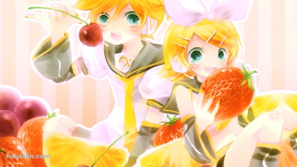 苺を持つ鏡音リンとサクランボを持つ鏡音レン / ボーカロイドの壁紙(1024px x 576px) 高画質 PC・デスクトップ用
