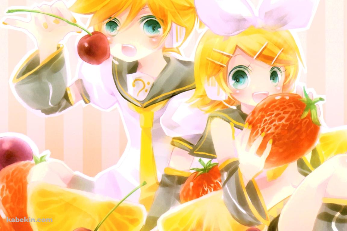 苺を持つ鏡音リンとサクランボを持つ鏡音レン / ボーカロイドの壁紙(1152px x 768px) 高画質 PC・デスクトップ用