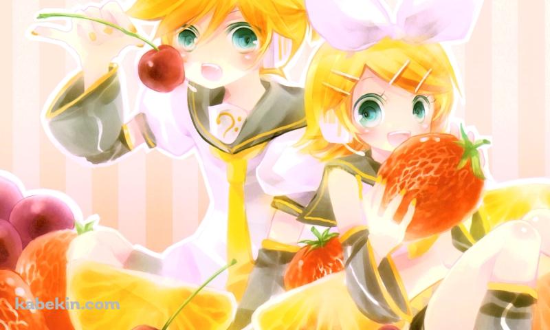 苺を持つ鏡音リンとサクランボを持つ鏡音レン / ボーカロイドの壁紙(800px x 480px) 高画質 PC・デスクトップ用