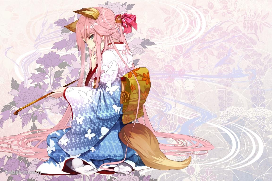 狐の耳、尻尾が生えたパイプを持つ着物の女性の壁紙(1152px x 768px) 高画質 PC・デスクトップ用