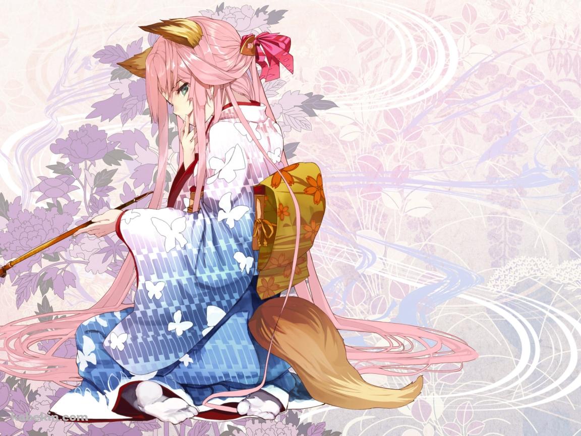 狐の耳、尻尾が生えたパイプを持つ着物の女性の壁紙(1152px x 864px) 高画質 PC・デスクトップ用