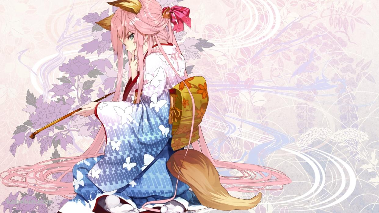 狐の耳、尻尾が生えたパイプを持つ着物の女性の壁紙(1242px x 698px) 高画質 PC・デスクトップ用
