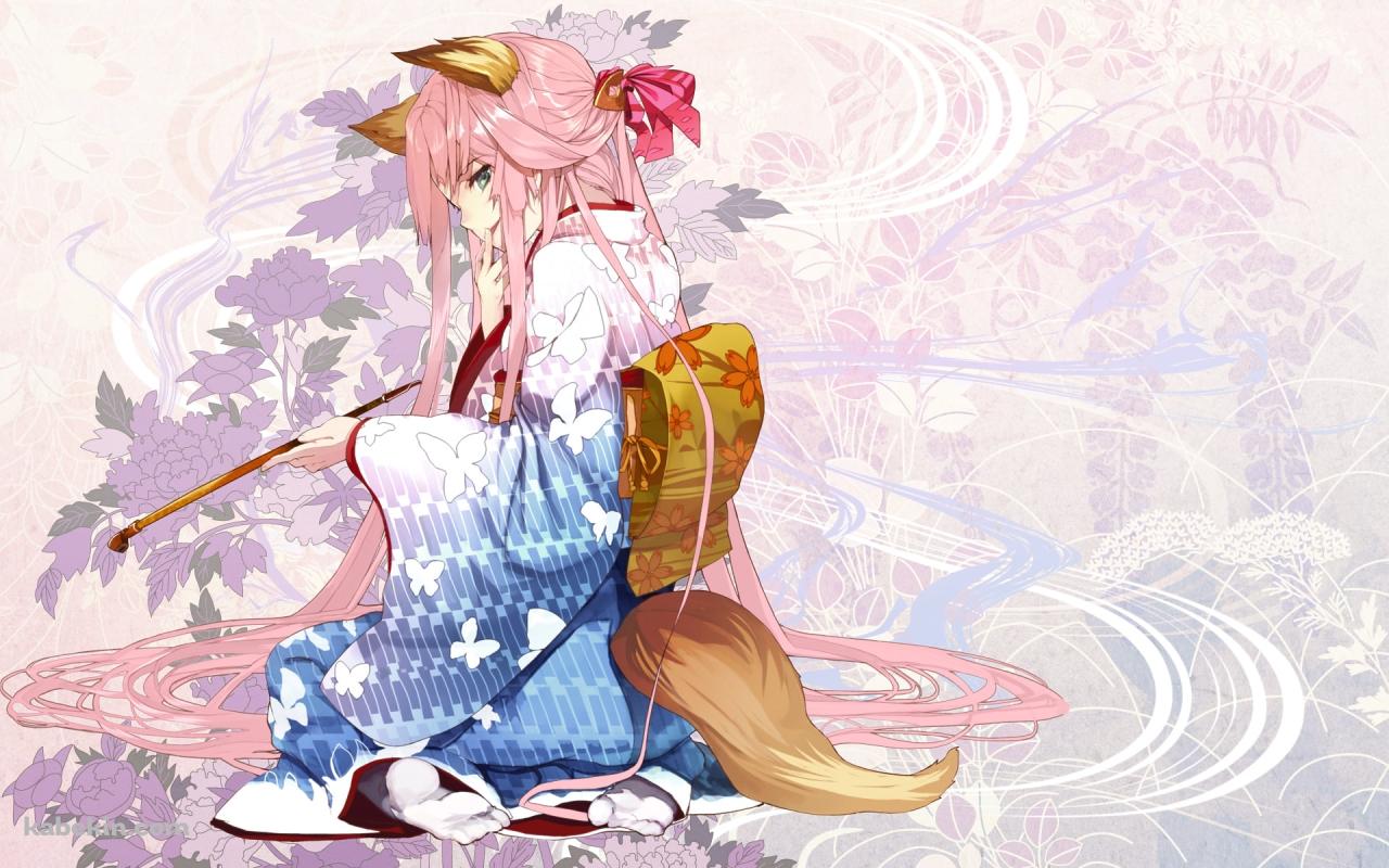 狐の耳、尻尾が生えたパイプを持つ着物の女性の壁紙(1280px x 800px) 高画質 PC・デスクトップ用