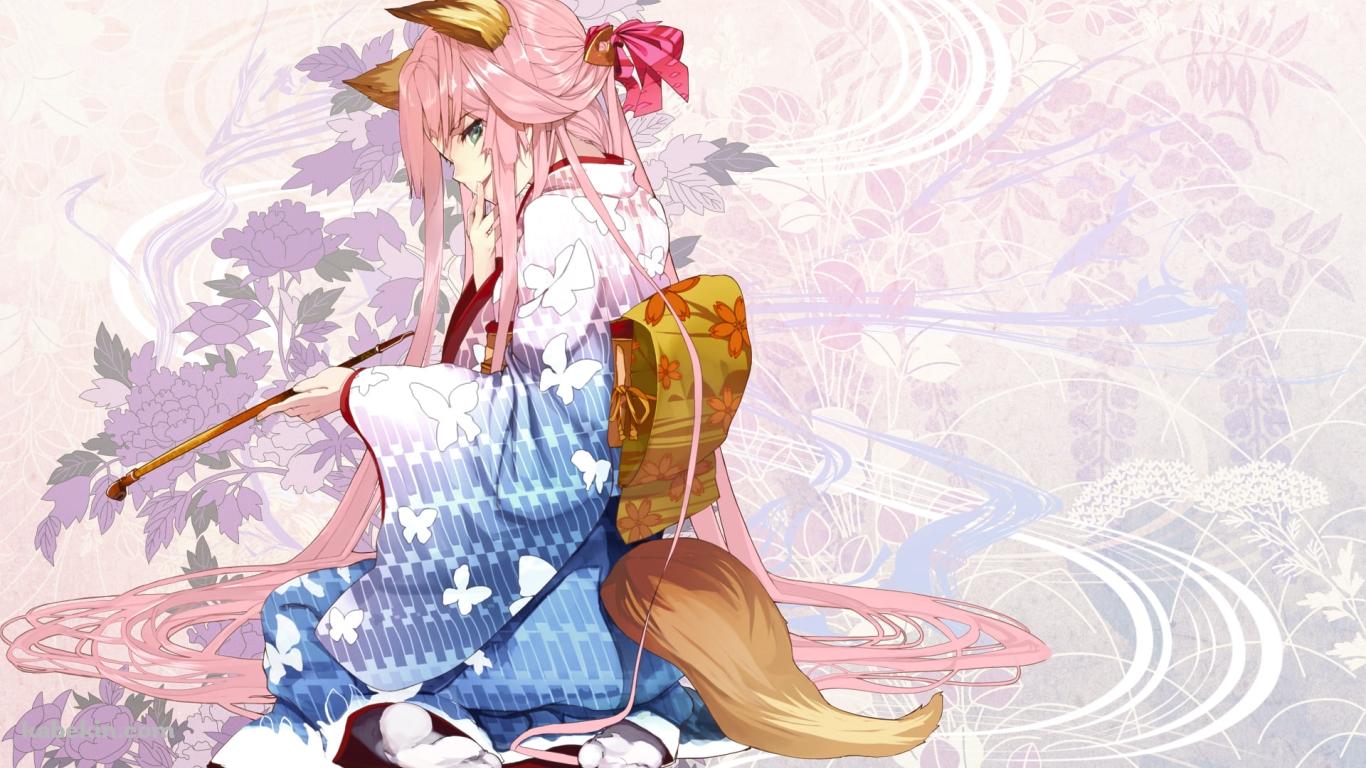 狐の耳、尻尾が生えたパイプを持つ着物の女性の壁紙(1366px x 768px) 高画質 PC・デスクトップ用