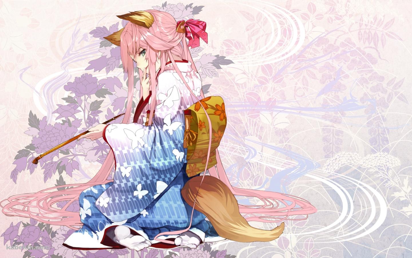狐の耳、尻尾が生えたパイプを持つ着物の女性の壁紙(1440px x 900px) 高画質 PC・デスクトップ用