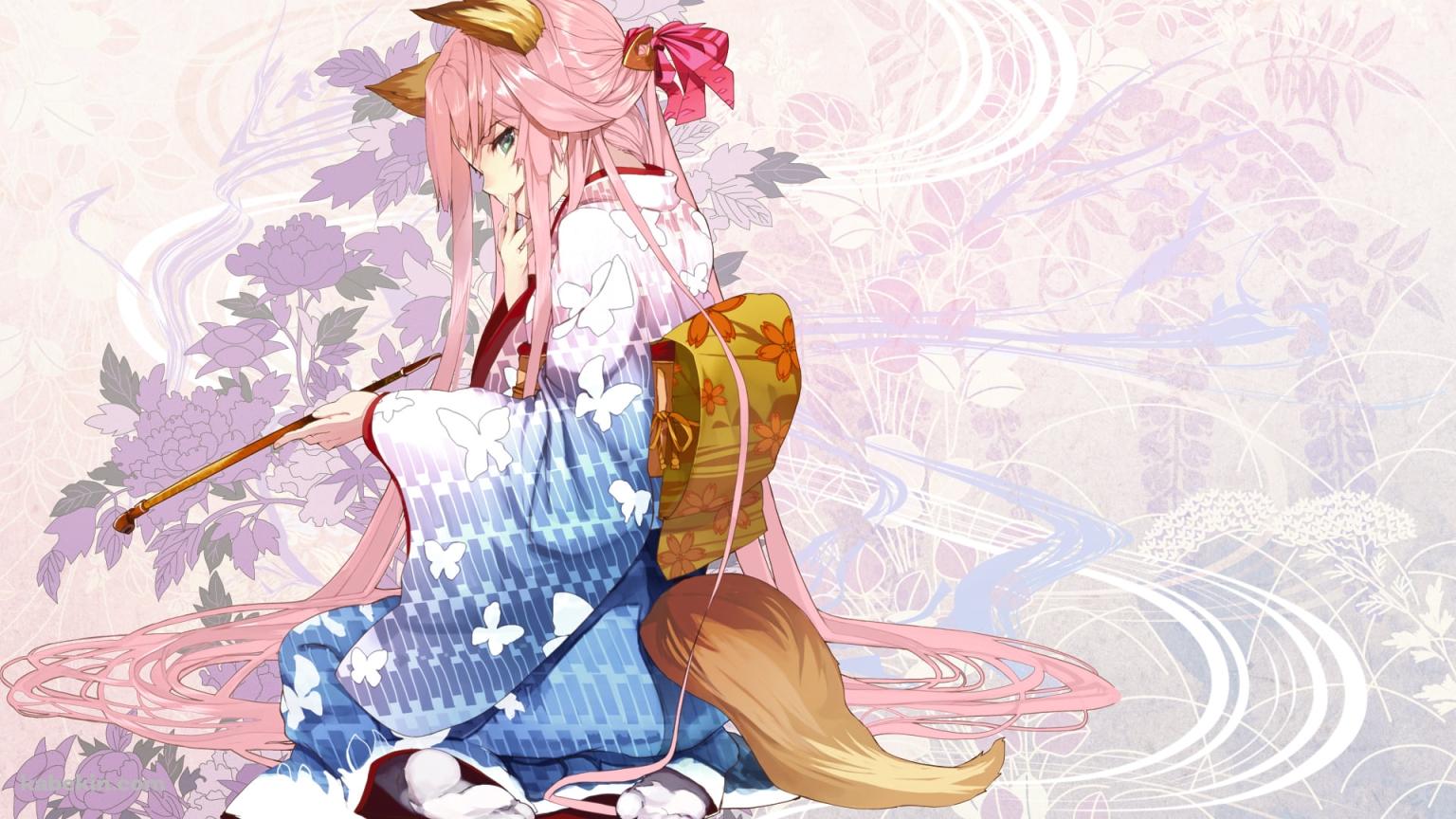 狐の耳、尻尾が生えたパイプを持つ着物の女性の壁紙(1536px x 864px) 高画質 PC・デスクトップ用