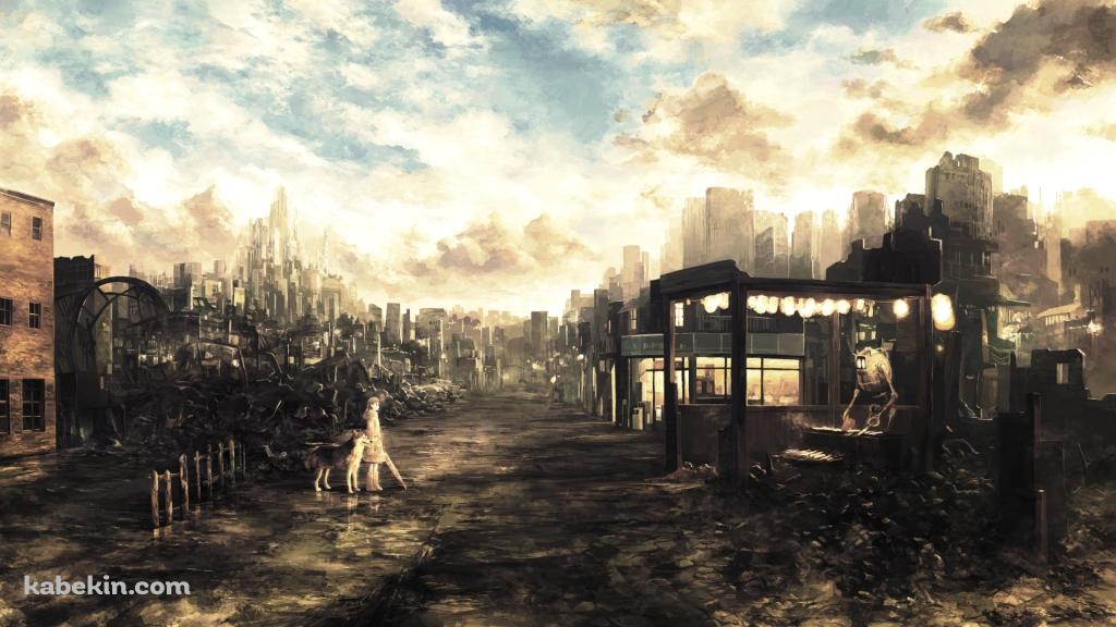 ロボットが作業する屋台の前に立つ少女と狼 / 荒れた土地の壁紙(1024px x 576px) 高画質 PC・デスクトップ用