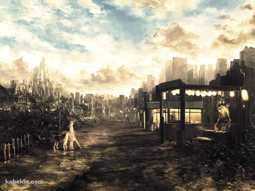 ロボットが作業する屋台の前に立つ少女と狼 / 荒れた土地の壁紙(1024px x 768px) 高画質 PC・デスクトップ用
