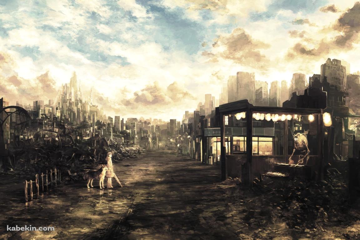 ロボットが作業する屋台の前に立つ少女と狼 / 荒れた土地の壁紙(1152px x 768px) 高画質 PC・デスクトップ用
