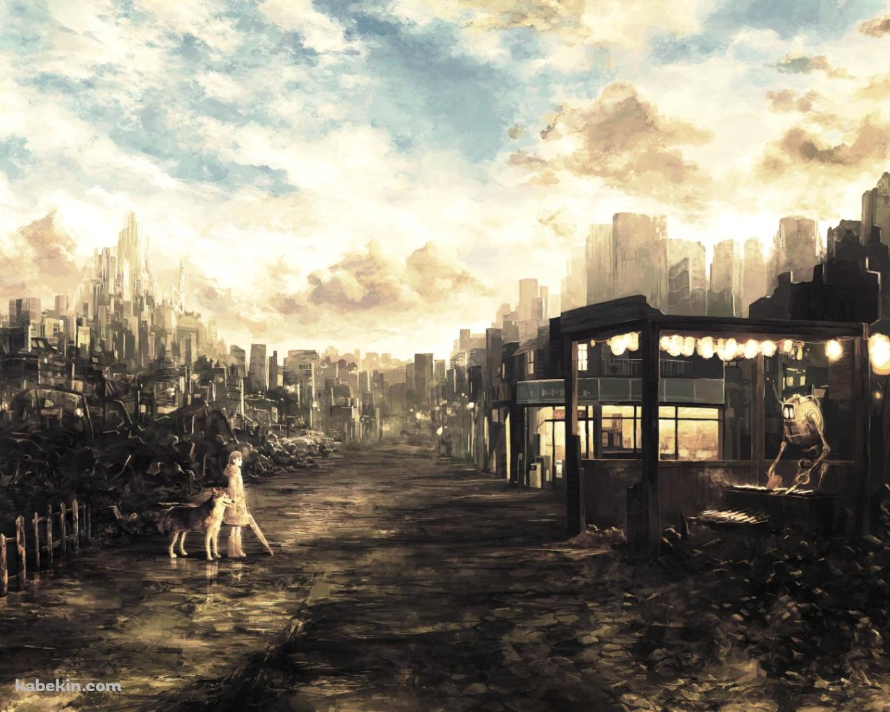 ロボットが作業する屋台の前に立つ少女と狼 / 荒れた土地の壁紙(1280px x 1024px) 高画質 PC・デスクトップ用