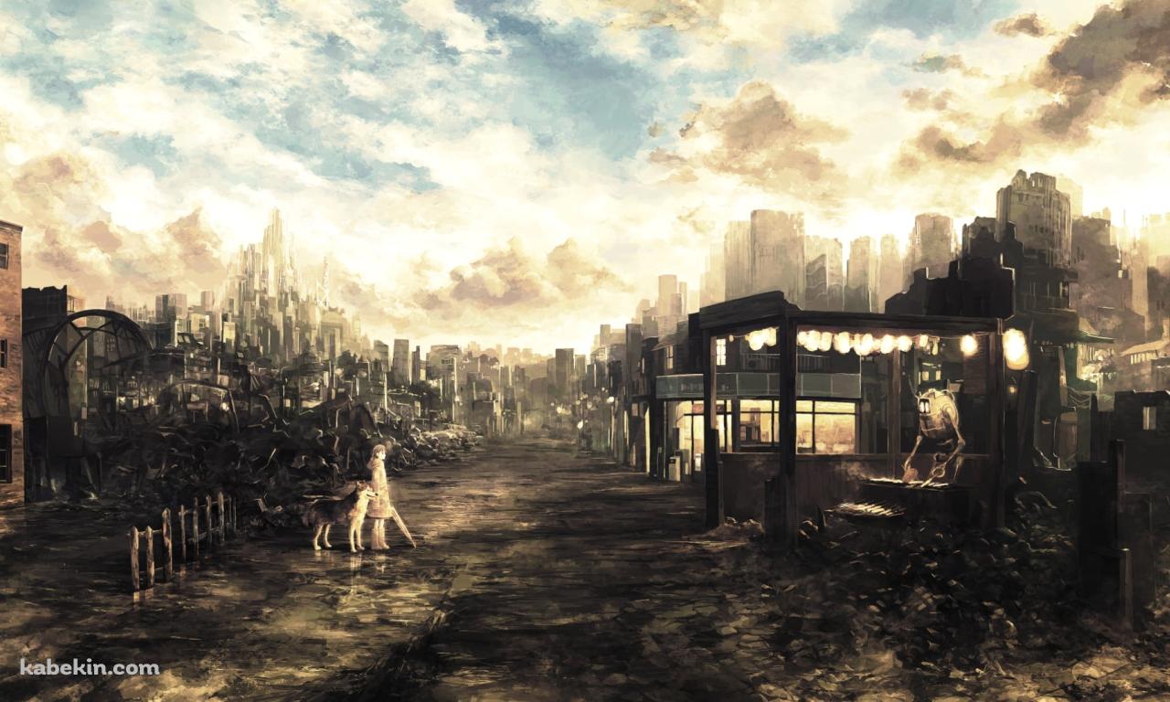 ロボットが作業する屋台の前に立つ少女と狼 / 荒れた土地の壁紙(1280px x 768px) 高画質 PC・デスクトップ用