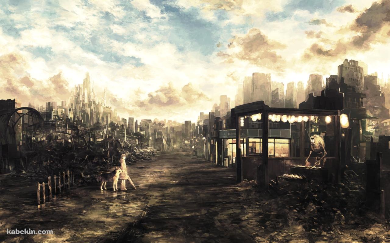 ロボットが作業する屋台の前に立つ少女と狼 / 荒れた土地の壁紙(1280px x 800px) 高画質 PC・デスクトップ用