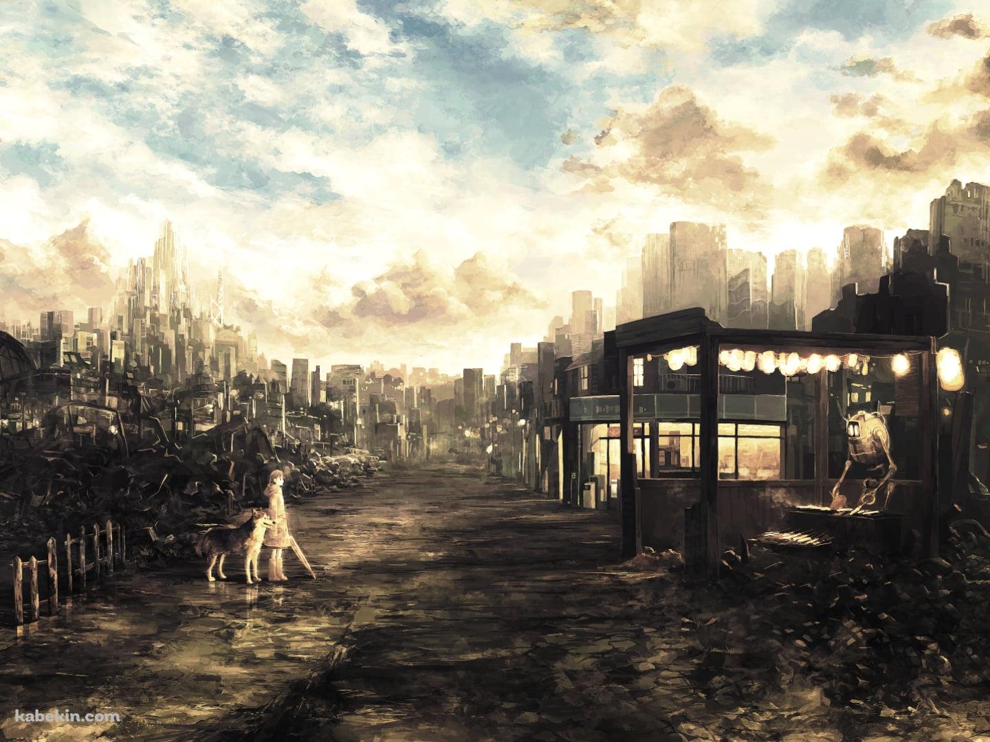 ロボットが作業する屋台の前に立つ少女と狼 / 荒れた土地の壁紙(1440px x 1080px) 高画質 PC・デスクトップ用