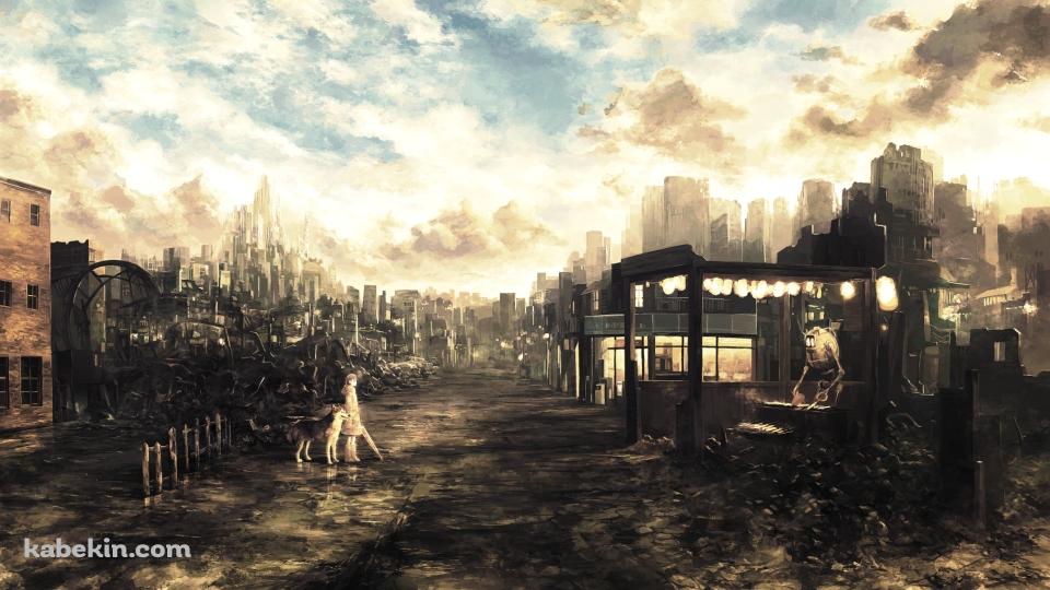 ロボットが作業する屋台の前に立つ少女と狼 / 荒れた土地の壁紙(960px x 540px) 高画質 PC・デスクトップ用