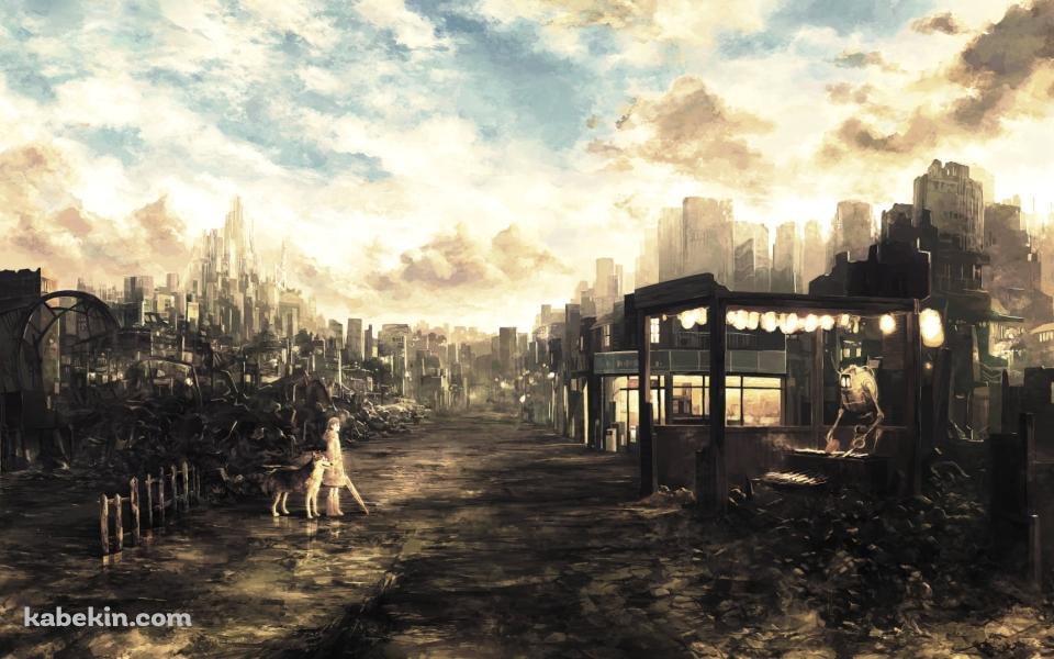 ロボットが作業する屋台の前に立つ少女と狼 / 荒れた土地の壁紙(960px x 600px) 高画質 PC・デスクトップ用