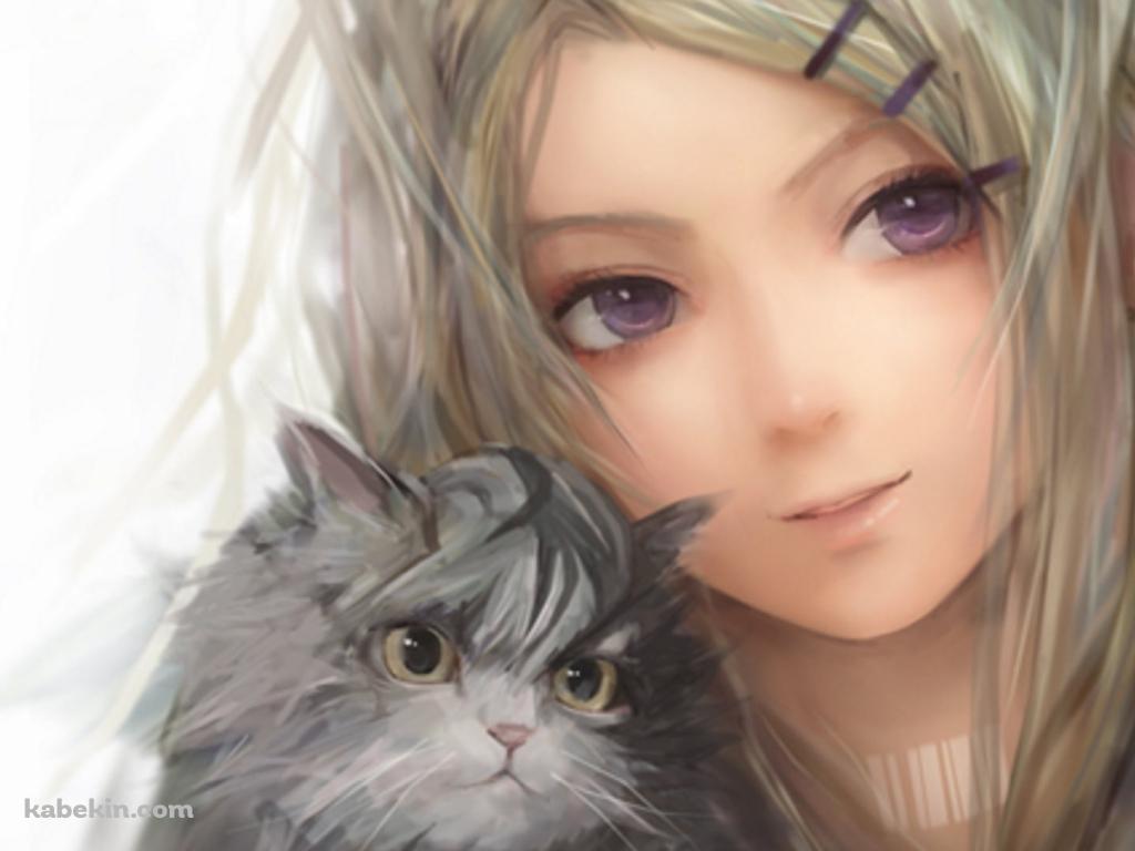 灰色の猫と髪をピン止めしている女性の壁紙(1024px x 768px) 高画質 PC・デスクトップ用