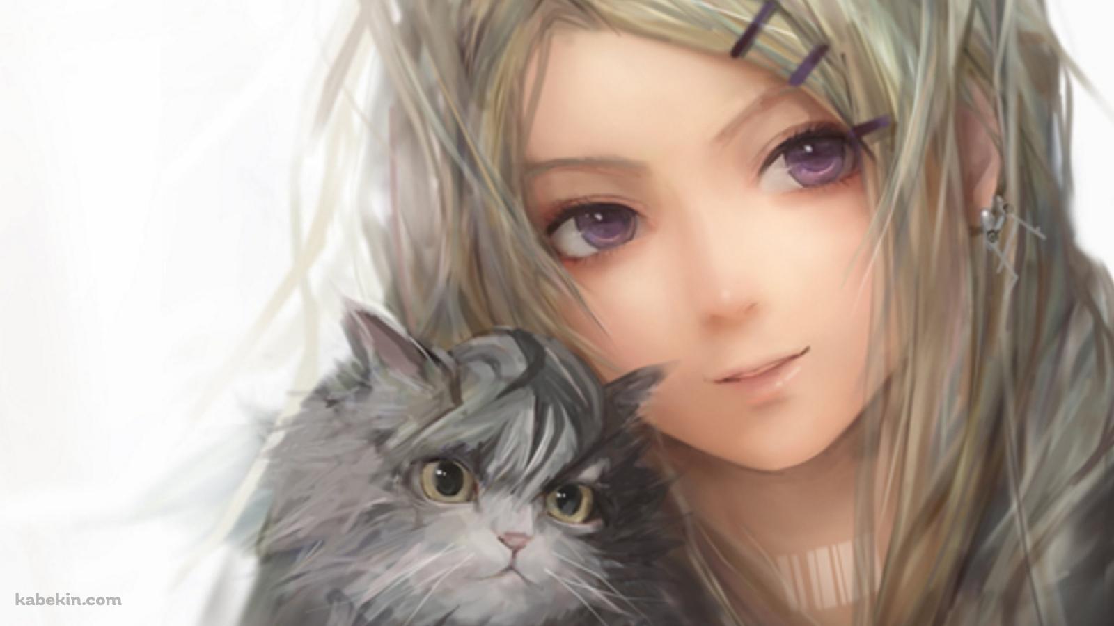 灰色の猫と髪をピン止めしている女性の壁紙(1600px x 900px) 高画質 PC・デスクトップ用