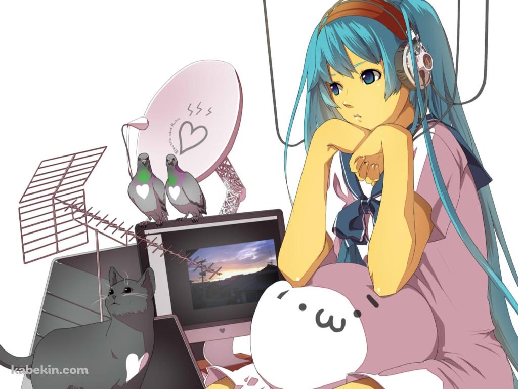 正座する初音ミク / ヘッドフォン / ハートマークが描かれたテレビのアンテナ / 鳩 / 黒い猫 / モナ―のクッション / ボカロの壁紙(1024px x 768px) 高画質 PC・デスクトップ用