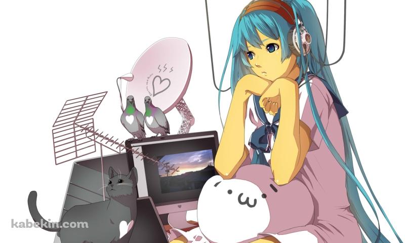 正座する初音ミク / ヘッドフォン / ハートマークが描かれたテレビのアンテナ / 鳩 / 黒い猫 / モナ―のクッション / ボカロの壁紙(800px x 480px) 高画質 PC・デスクトップ用