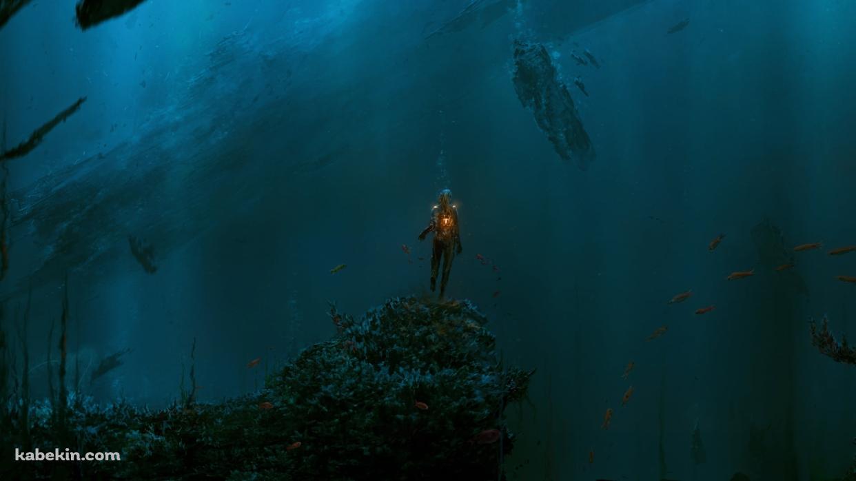 仄暗い海中を泳ぐダイバー / 女性 / オレンジの魚の群れの壁紙(1242px x 698px) 高画質 PC・デスクトップ用