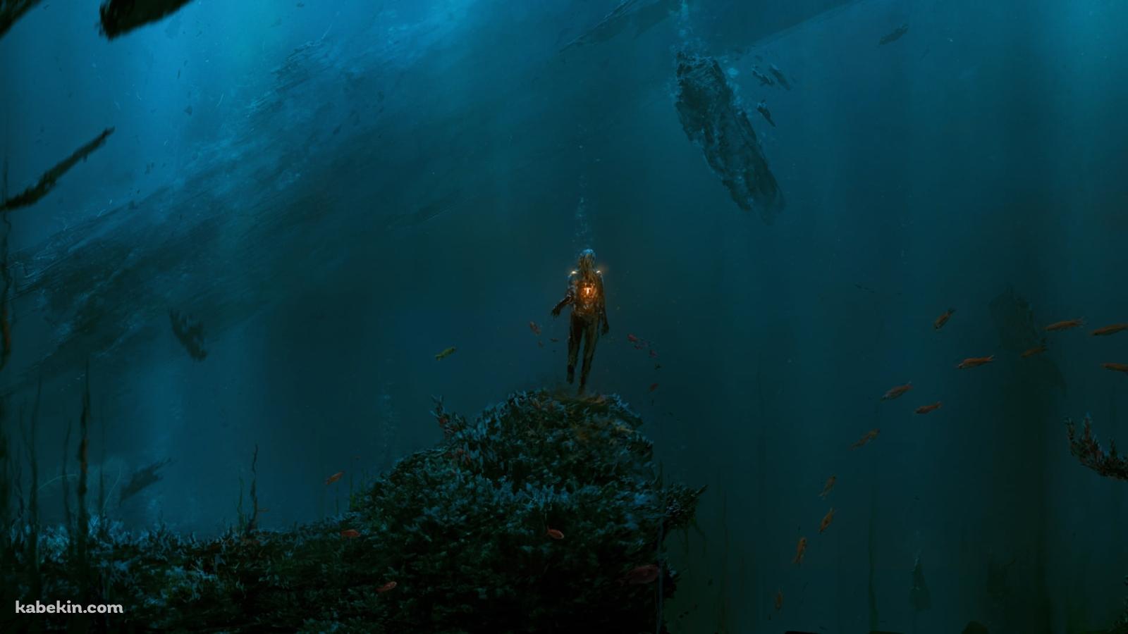 仄暗い海中を泳ぐダイバー / 女性 / オレンジの魚の群れの壁紙(1600px x 900px) 高画質 PC・デスクトップ用