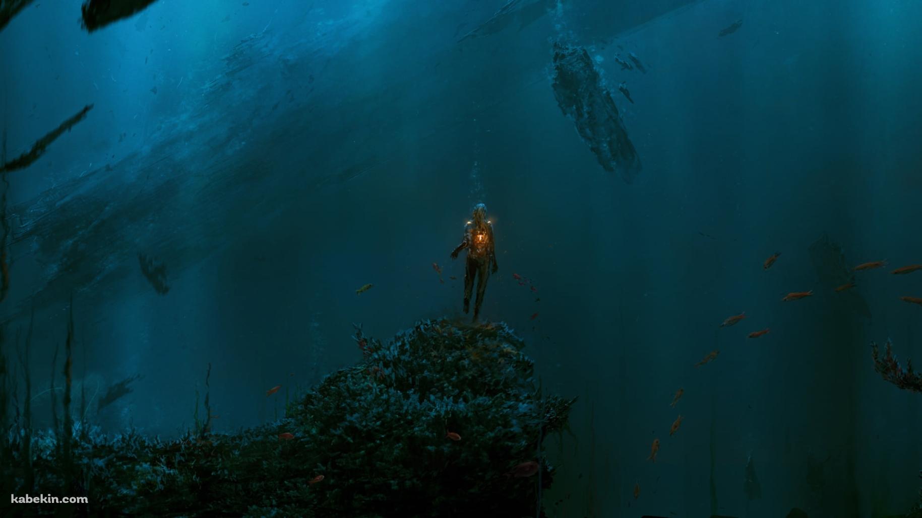 仄暗い海中を泳ぐダイバー / 女性 / オレンジの魚の群れの壁紙(1829px x 1029px) 高画質 PC・デスクトップ用