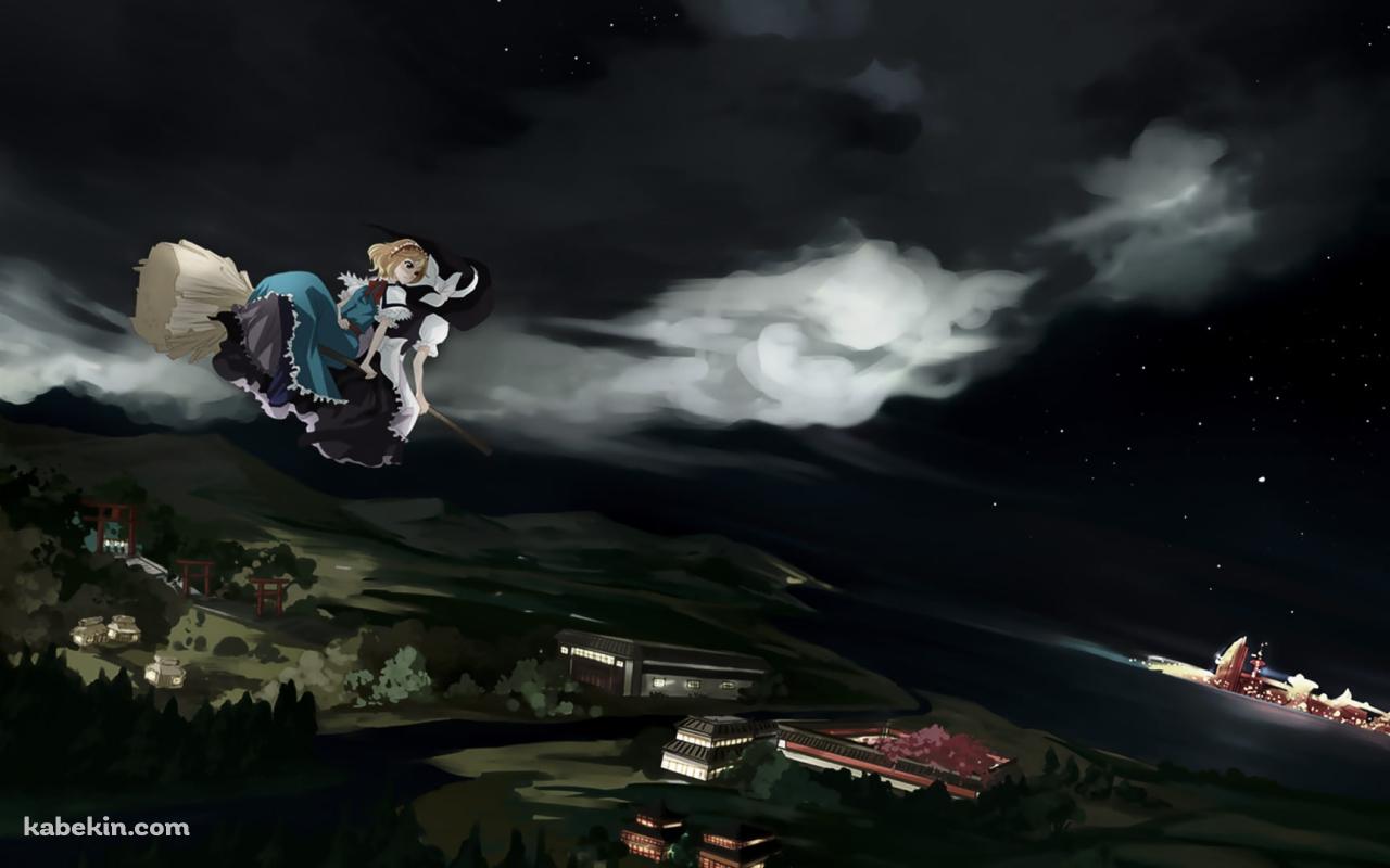 夜の街の上空を飛ぶ霧雨魔理沙とアリス・マーガトロイド / 東方の壁紙(1280px x 800px) 高画質 PC・デスクトップ用