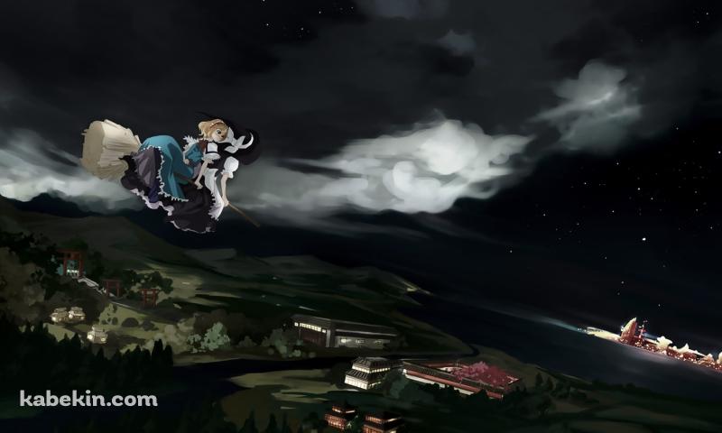 夜の街の上空を飛ぶ霧雨魔理沙とアリス・マーガトロイド / 東方の壁紙(800px x 480px) 高画質 PC・デスクトップ用