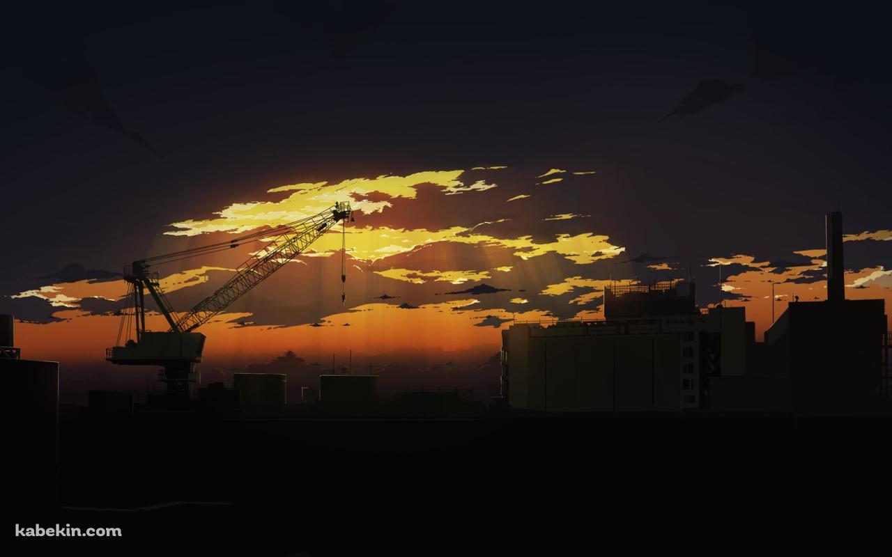 沈みゆく街中の工事現場 / クレーン / 夕焼けの壁紙(1280px x 800px) 高画質 PC・デスクトップ用
