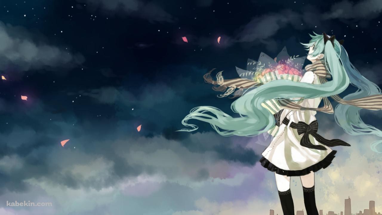 ピンクの花束を持つ初音ミクと夜の街 / ボーカロイドの壁紙(1280px x 720px) 高画質 PC・デスクトップ用