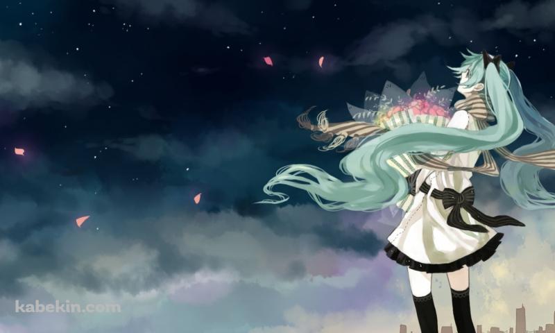 ピンクの花束を持つ初音ミクと夜の街 / ボーカロイドの壁紙(800px x 480px) 高画質 PC・デスクトップ用