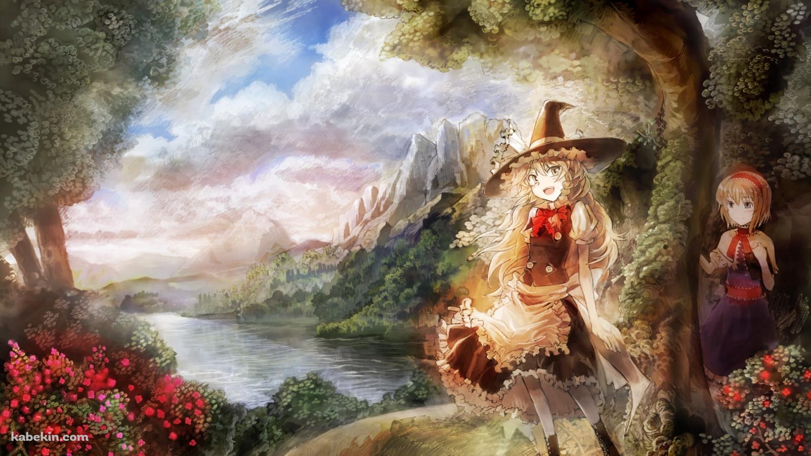 川と森と霧雨魔理沙とアリス・マーガトロイド / 東方の壁紙(1600px x 900px) 高画質 PC・デスクトップ用