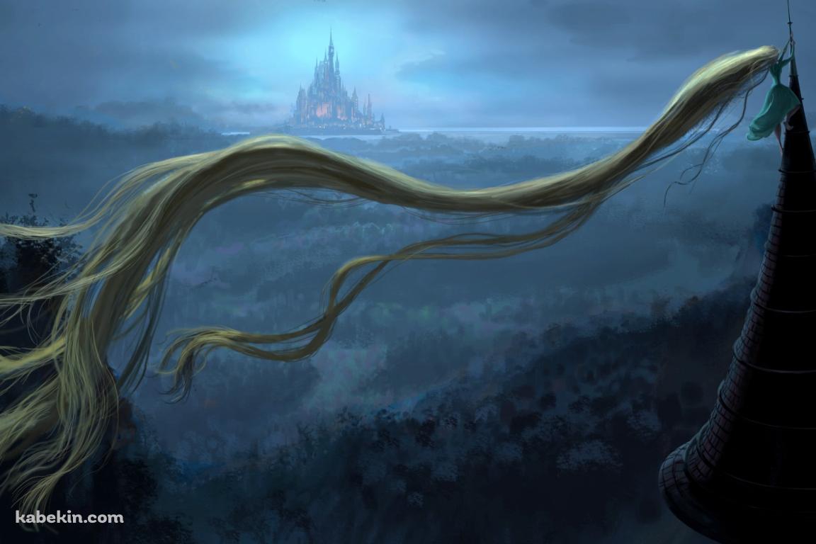 遠くの城を眺める塔の上のラプンツェルの壁紙(1152px x 768px) 高画質 PC・デスクトップ用