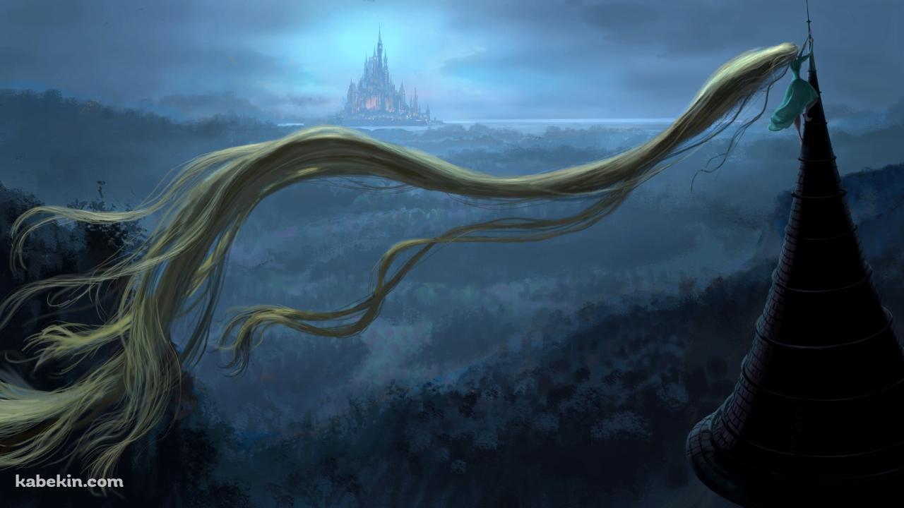 遠くの城を眺める塔の上のラプンツェルの壁紙(1280px x 720px) 高画質 PC・デスクトップ用