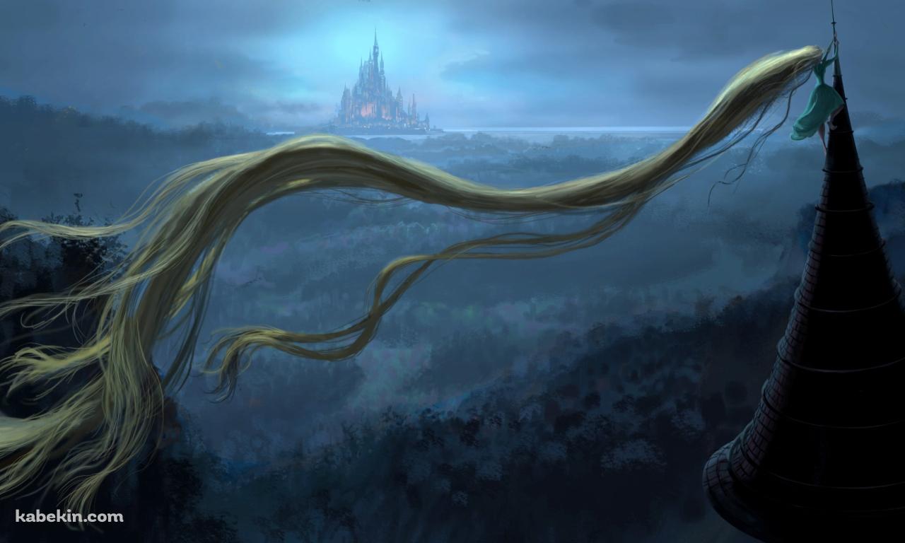 遠くの城を眺める塔の上のラプンツェルの壁紙(1280px x 768px) 高画質 PC・デスクトップ用